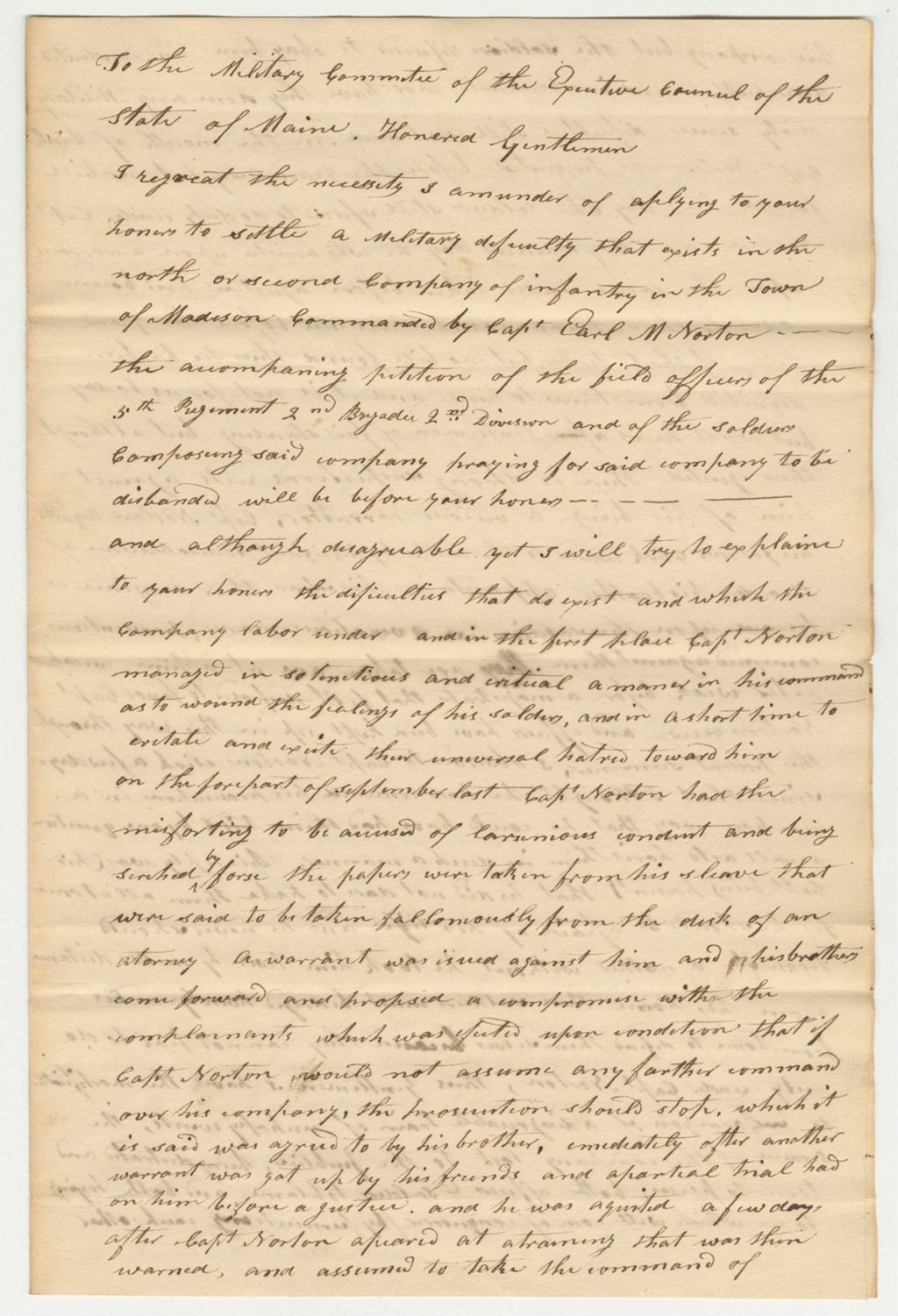 Miniature of Letter from Col. John Neal Regarding the Petition of Field Officers of the 5th Regiment 2nd Brigade 2nd Division to Disband Capt. Norton's Company