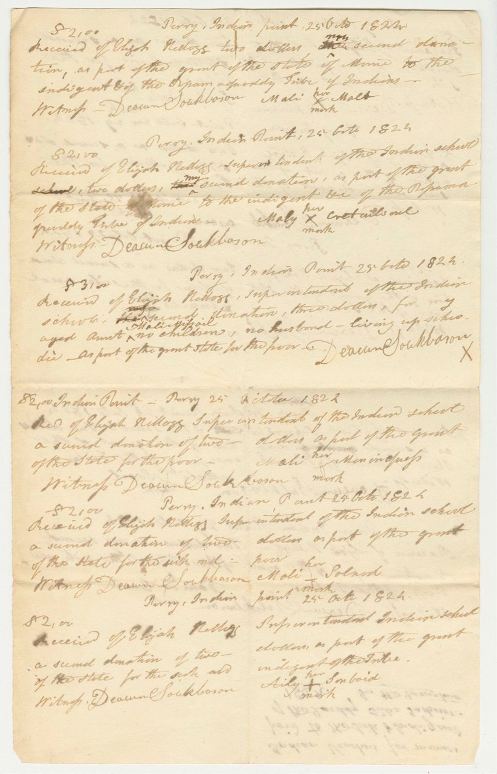 Miniature of Indian Vouchers for Monies Paid to the Sick and Indigent of the Passamaquoddy Tribe Indians