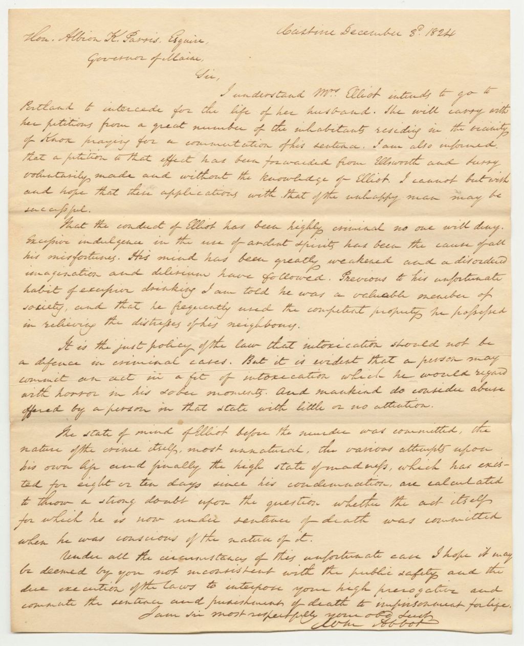 Miniature of Letter from William Abbot in Favor of the Commutation of Seth Elliot's Punishment