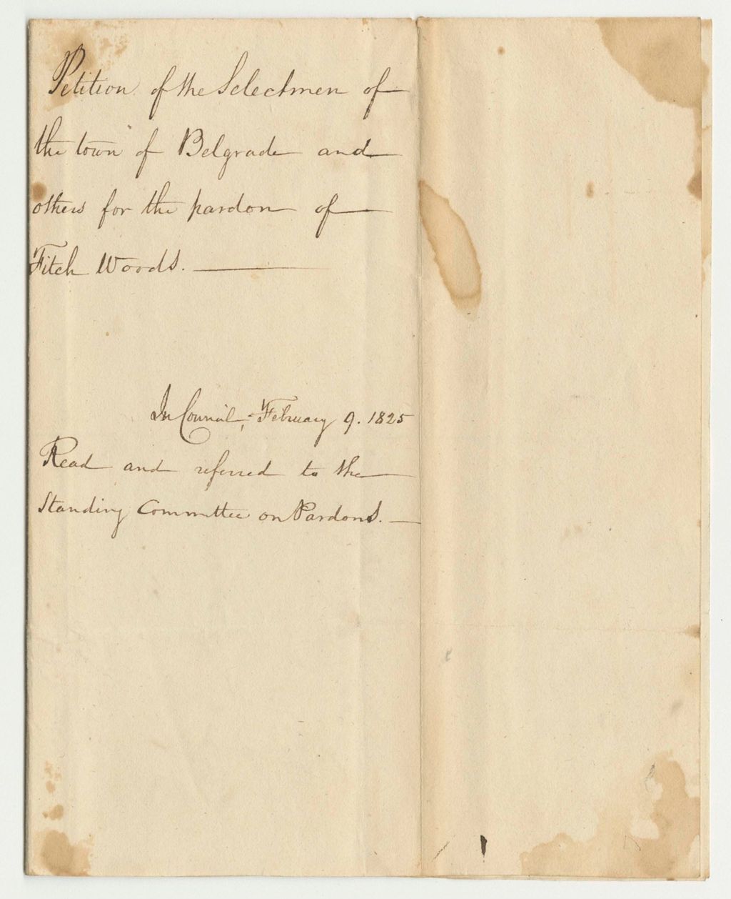 Miniature of Petition of the Selectmen of the Town of Belgrade and Others for the Pardon of Fitch Woods
