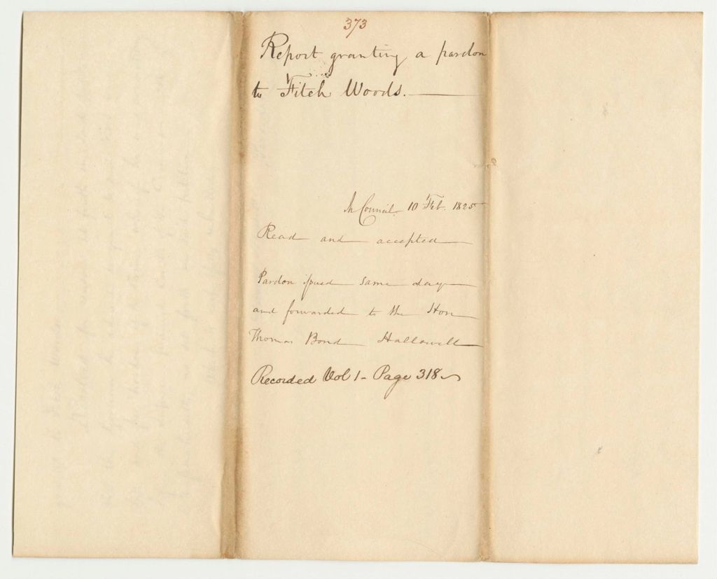 Miniature of Report 373: Report Granting a Pardon to Fitch Woods