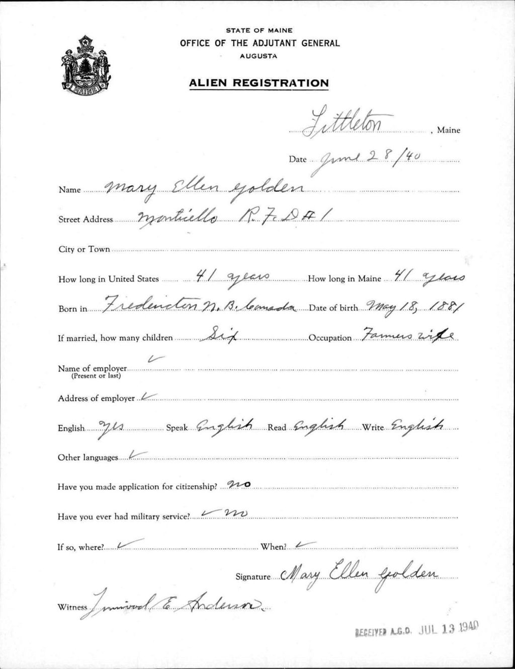 Miniature of Alien Registration- Golden, Mary E. (Limestone, Aroostook County)