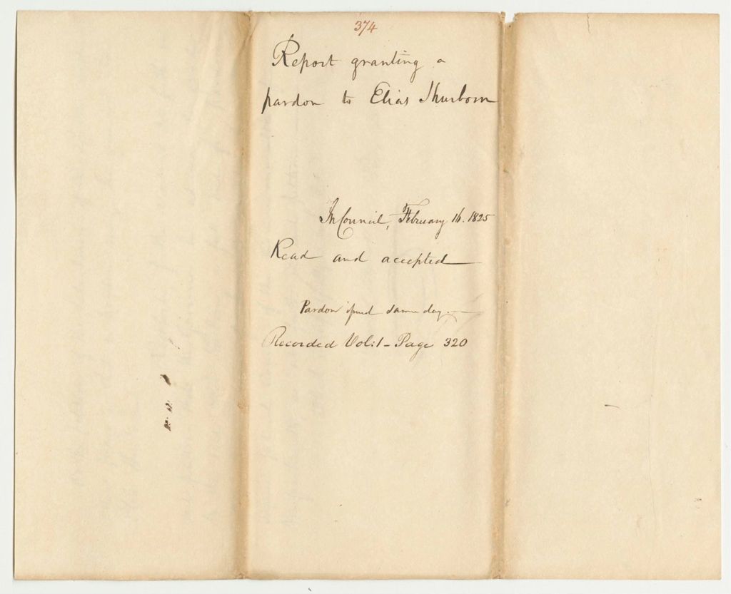 Miniature of Report 374: Report Granting a Pardon to Elias Shurborn