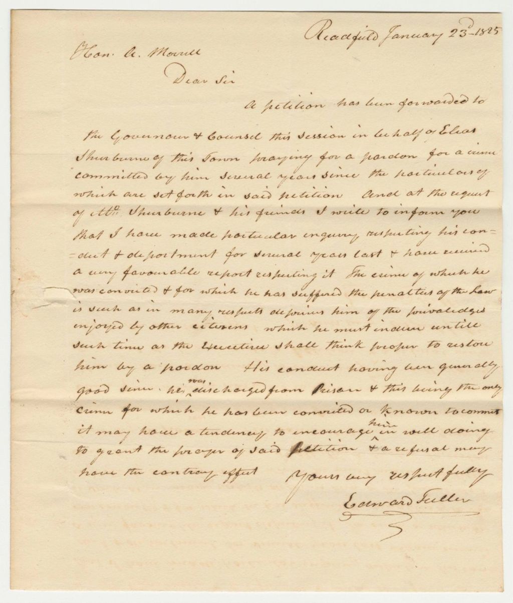 Miniature of Letter from Edward Fuller in Favor of the Pardon of Elias Shurborn