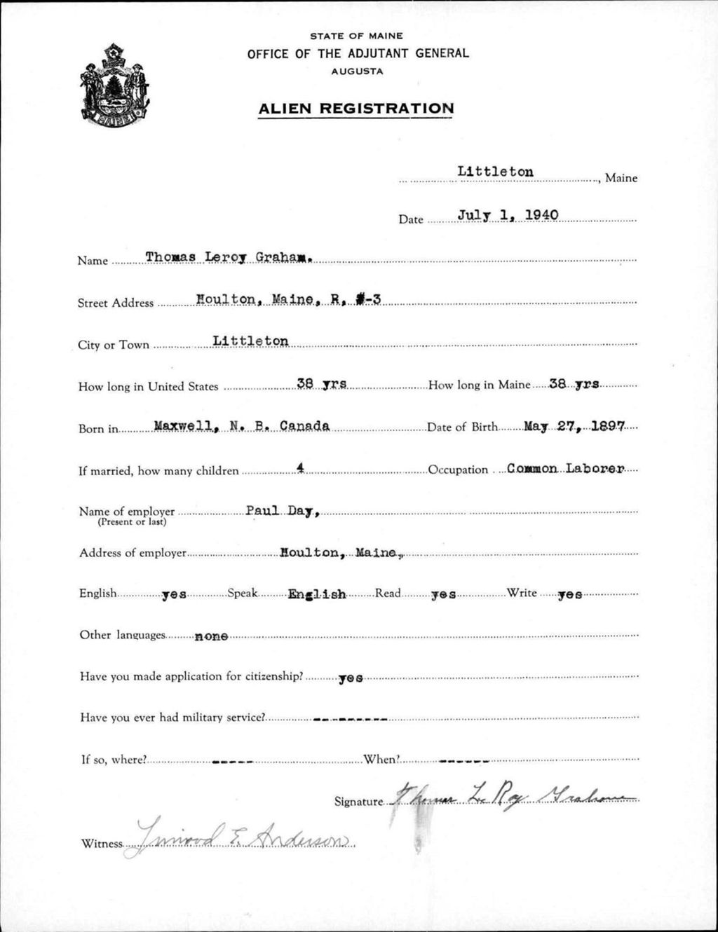 Miniature of Alien Registration- Graham, Thomas L. (Limestone, Aroostook County)