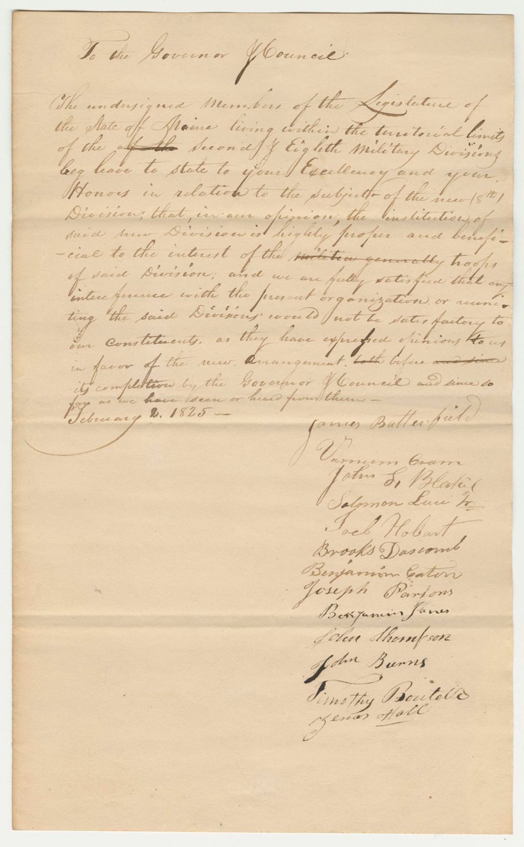 Miniature of Letter from the Members of the Legislature of Maine Living Within the Limits of the Second Division