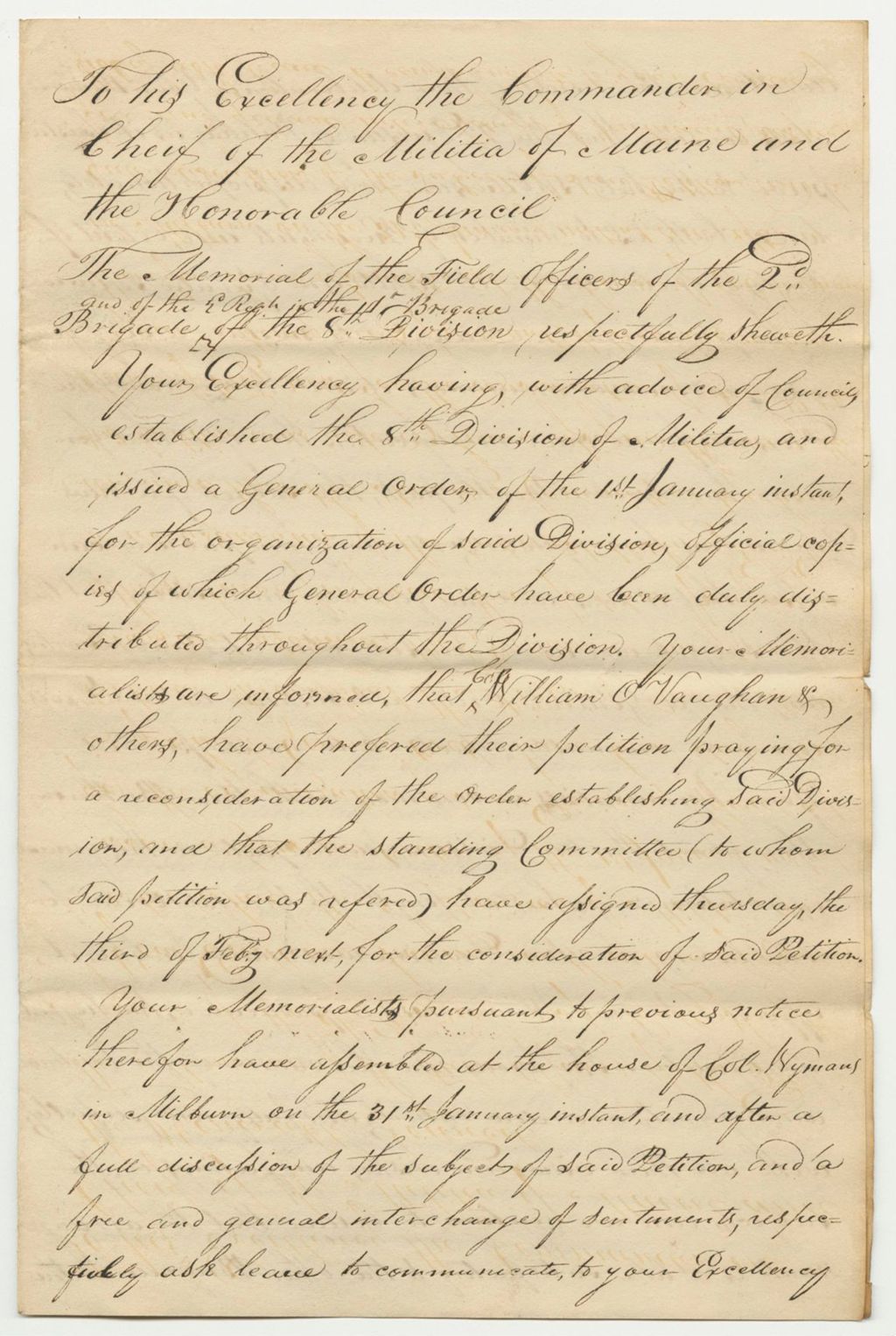 Miniature of Letter from the Memorial of the Field Officers of the 8th Division Regarding the Organization of Their Division