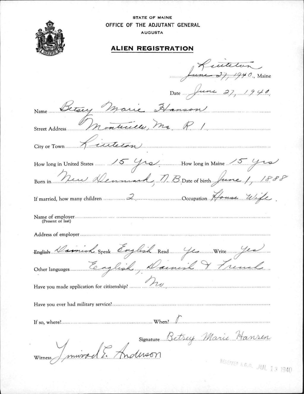 Miniature of Alien Registration- Hanson, Betsey M. (Limestone, Aroostook County)