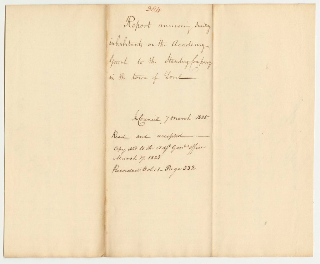 Miniature of Report 384: Report Annexing Sundry Inhabitants on the Academy Grany to the Standing Company in the Town of Lovell