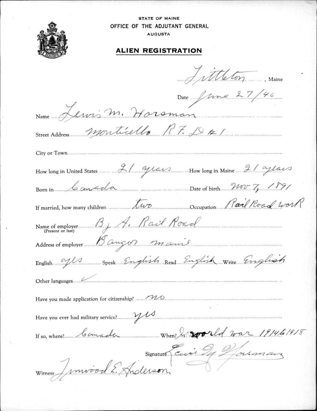 Miniature of Alien Registration- Horsman, Lewis M. (Limestone, Aroostook County)