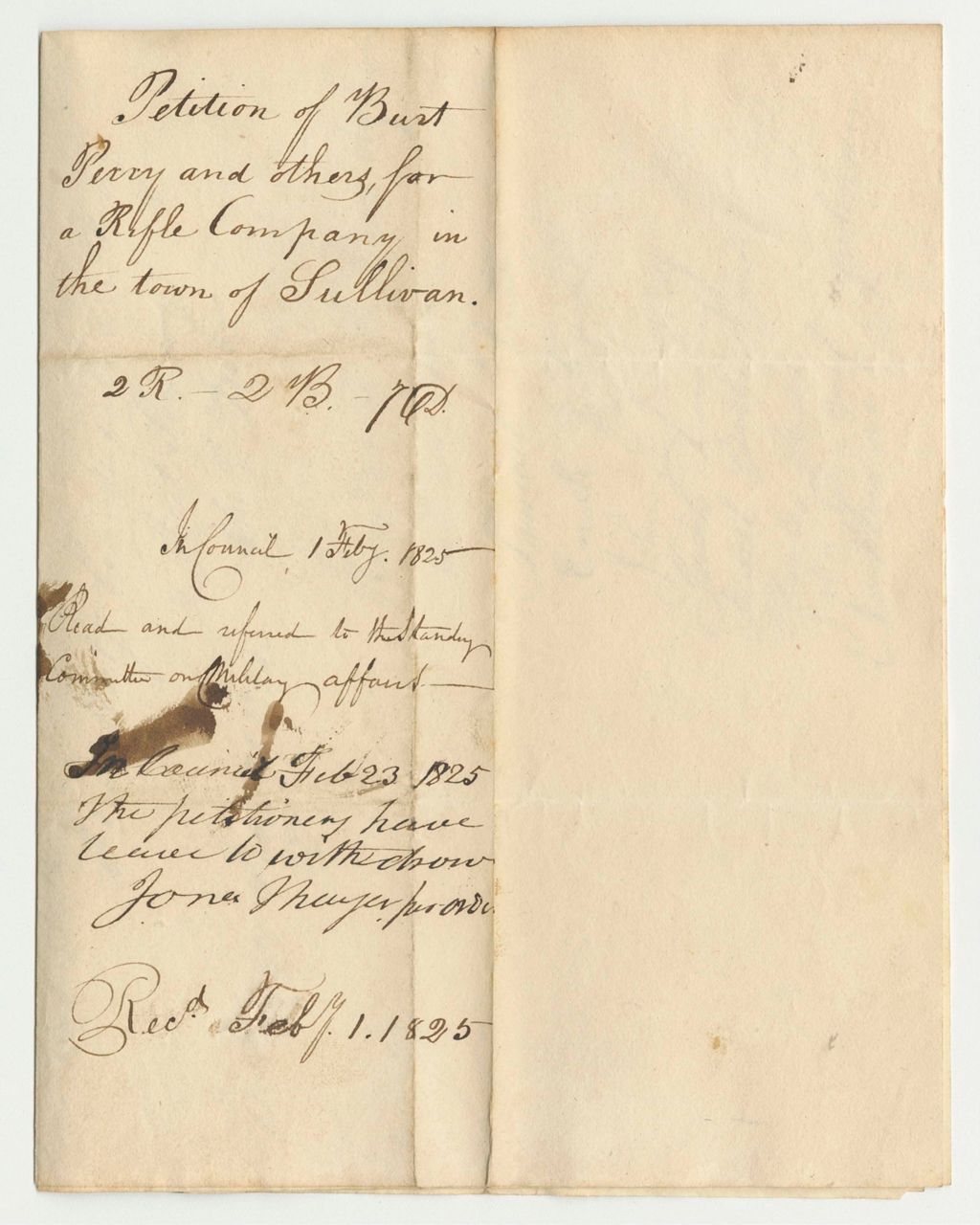 Miniature of Petition of Burt Perry and Others for a Rifle Company in the Town of Sullivan