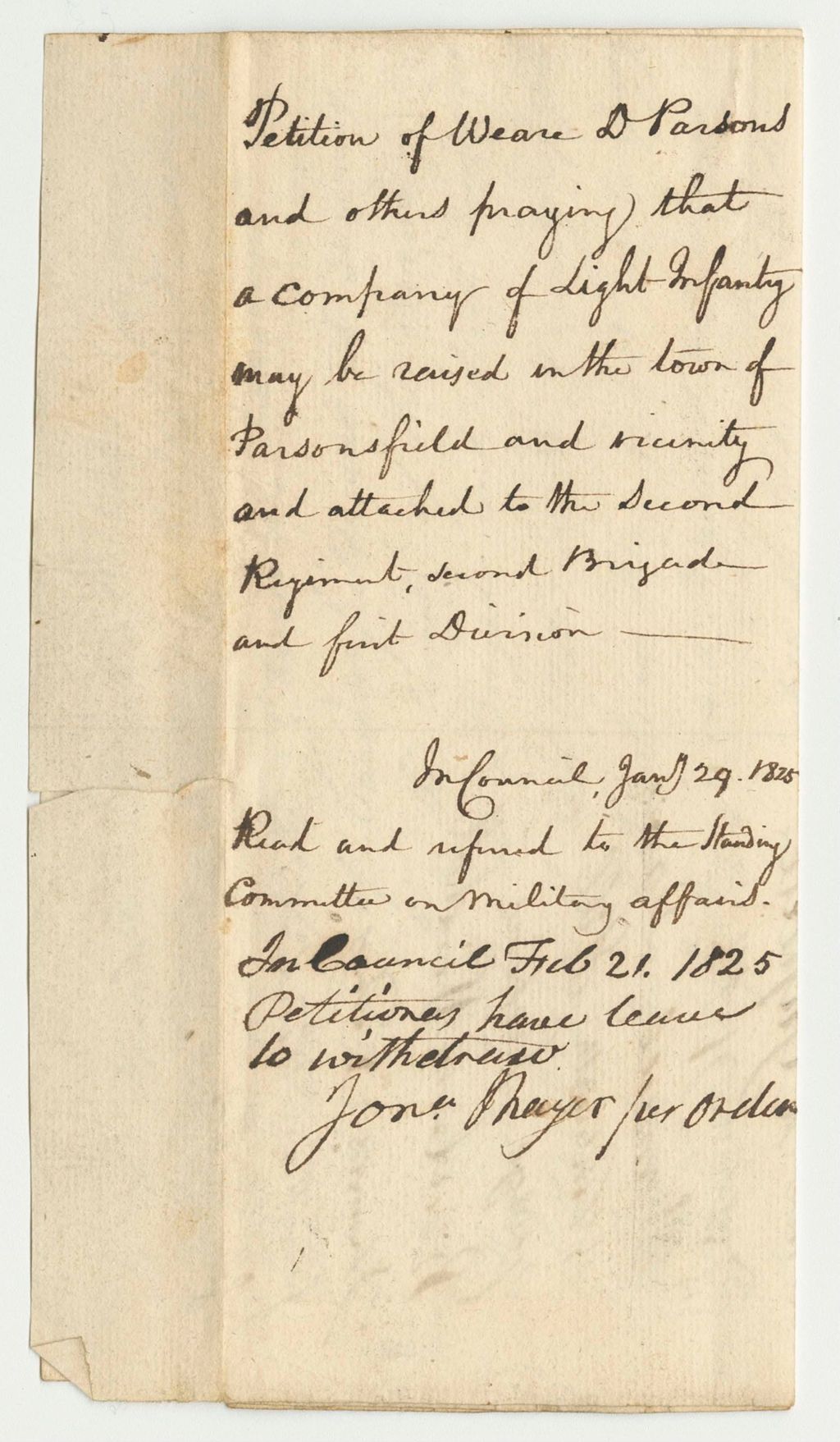 Miniature of Petition of Weare D. Parsons and others Praying that a Company of Light Infantry May Be Raised in the Town of Parsonsfield and Vicinity and Attached to the Second Regiment Second Brigade and First Division