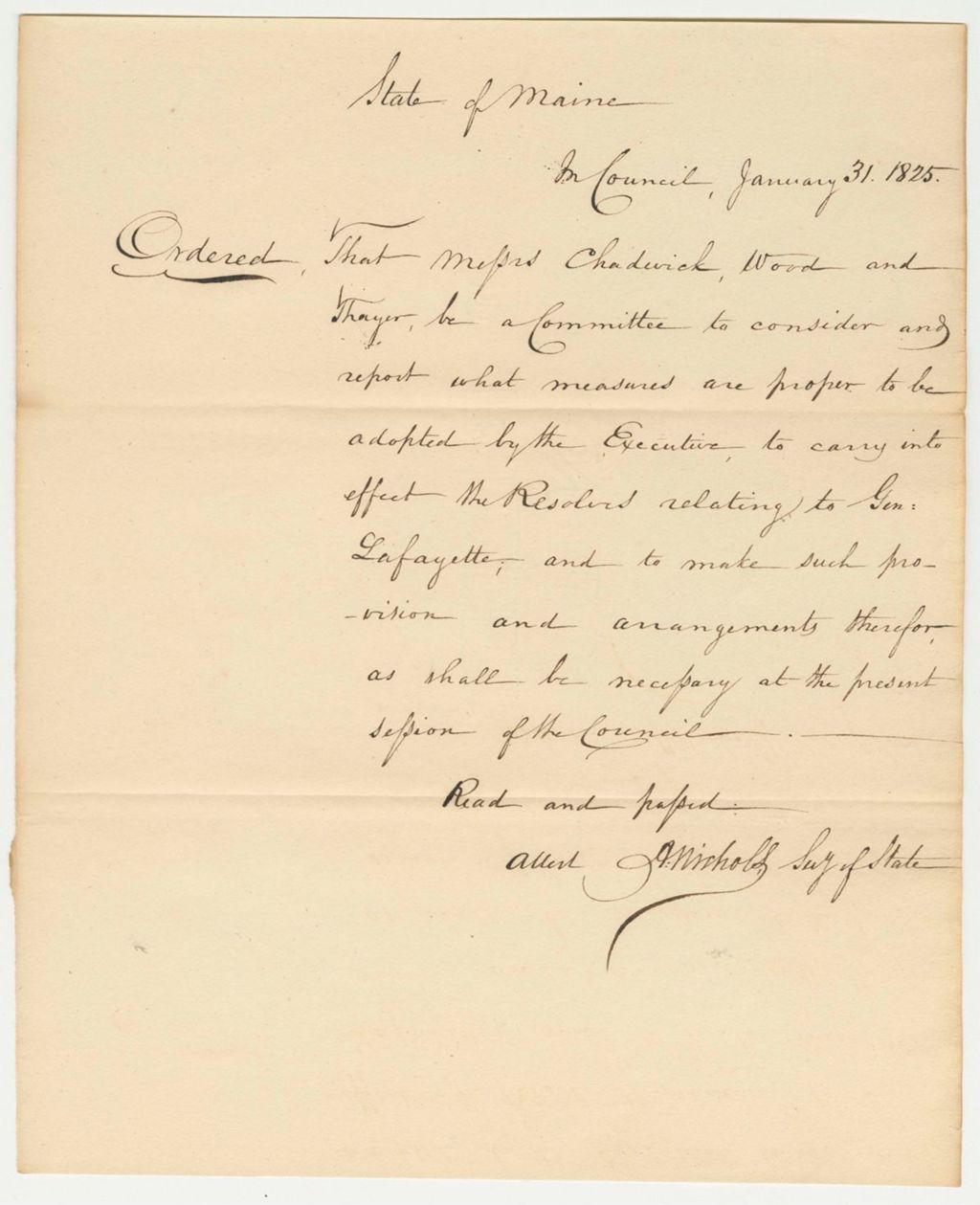 Miniature of Order that Messrs. Chadwick, Wood, and Thayer be a Committee to Consider and Report What Measures Are Proper to Carry Into Effect the Resolve Relating to Lafayette