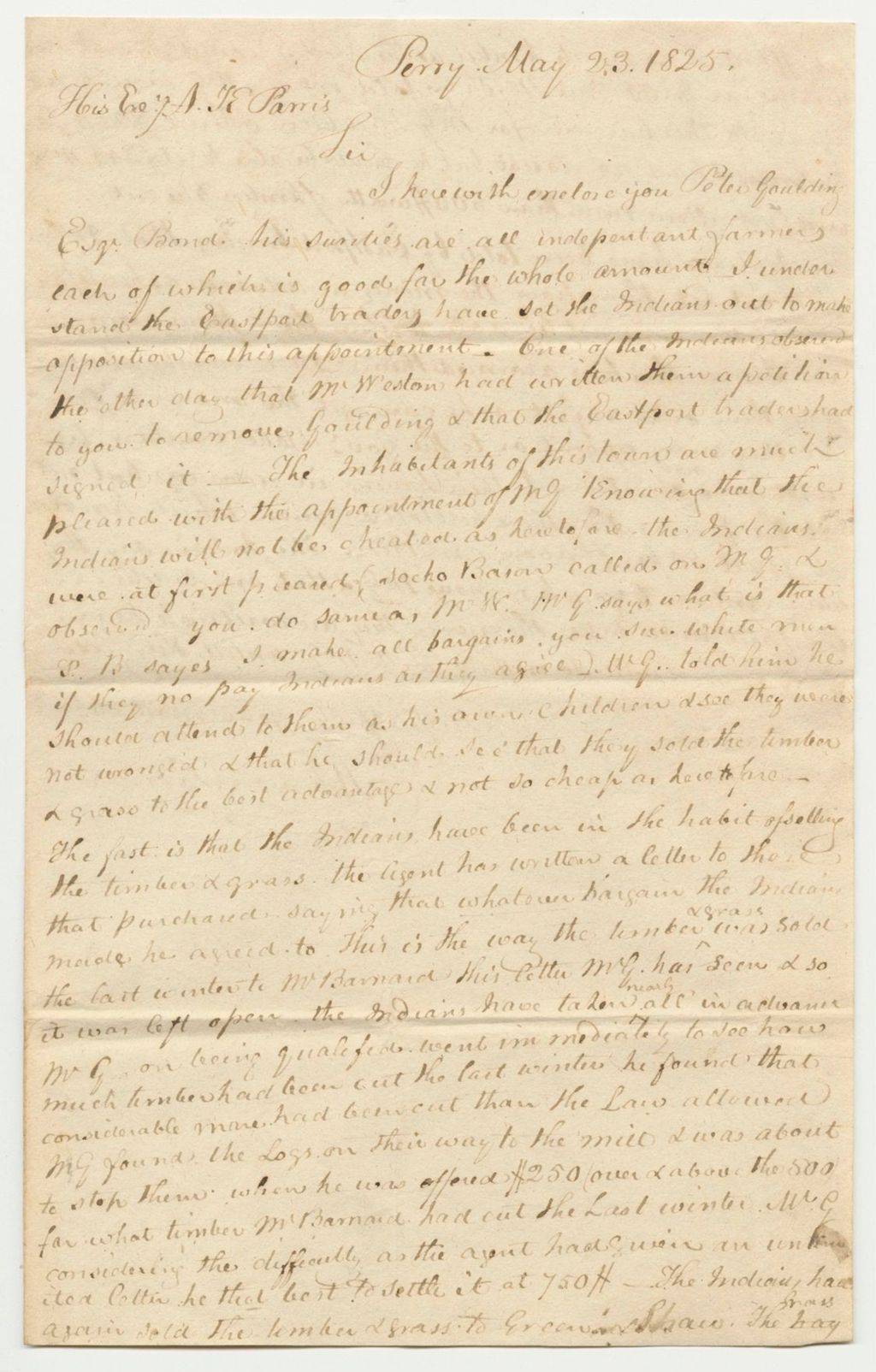 Miniature of Letter from Robinson Palmer Regarding the Bond of Peter Goudling, Esq.