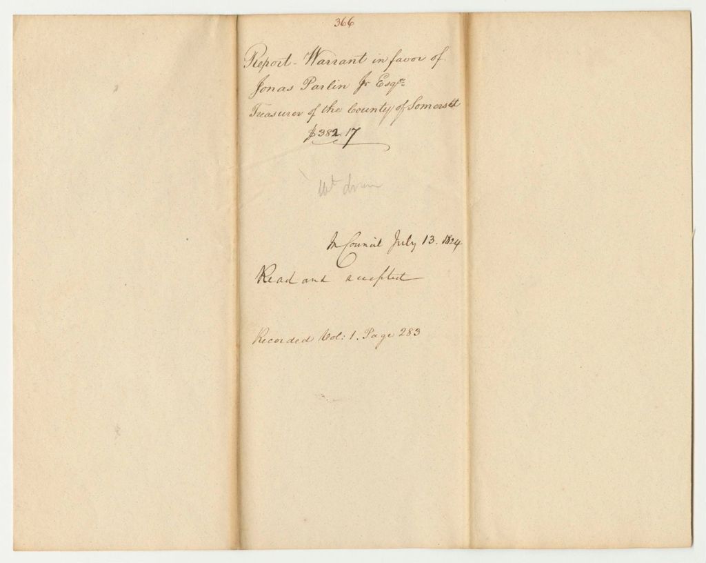 Miniature of Report 366: Warrant in Favor of Jonas Parlin Jr., Esq., Treasurer of the County of Somerset