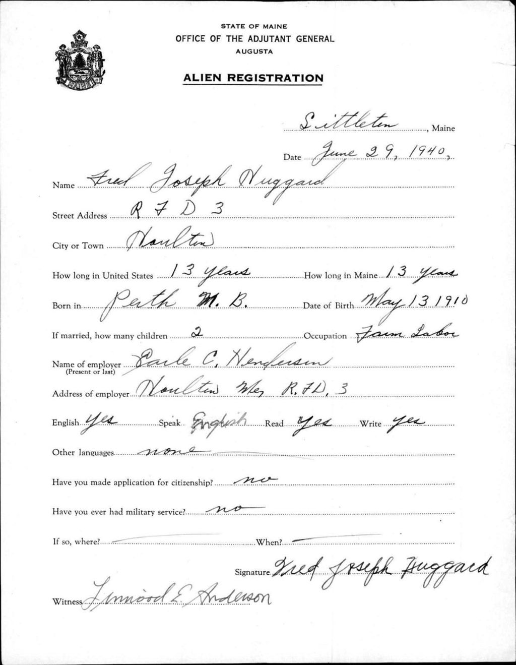 Miniature of Alien Registration- Huggard, Fred J. (Limestone, Aroostook County)