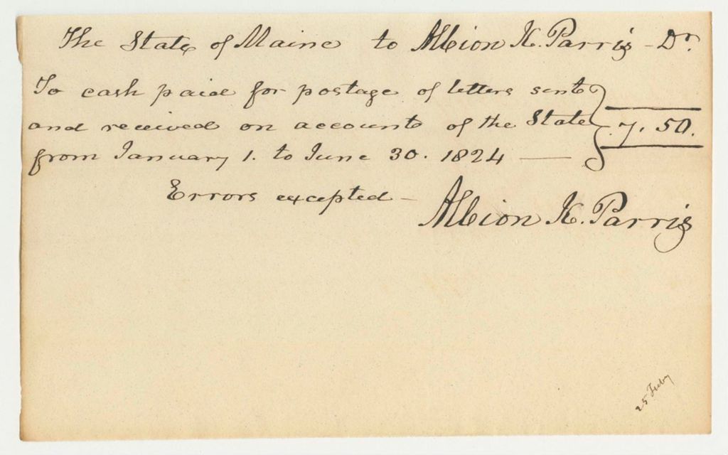 Miniature of Receipt for Albion K. Parris for Postage