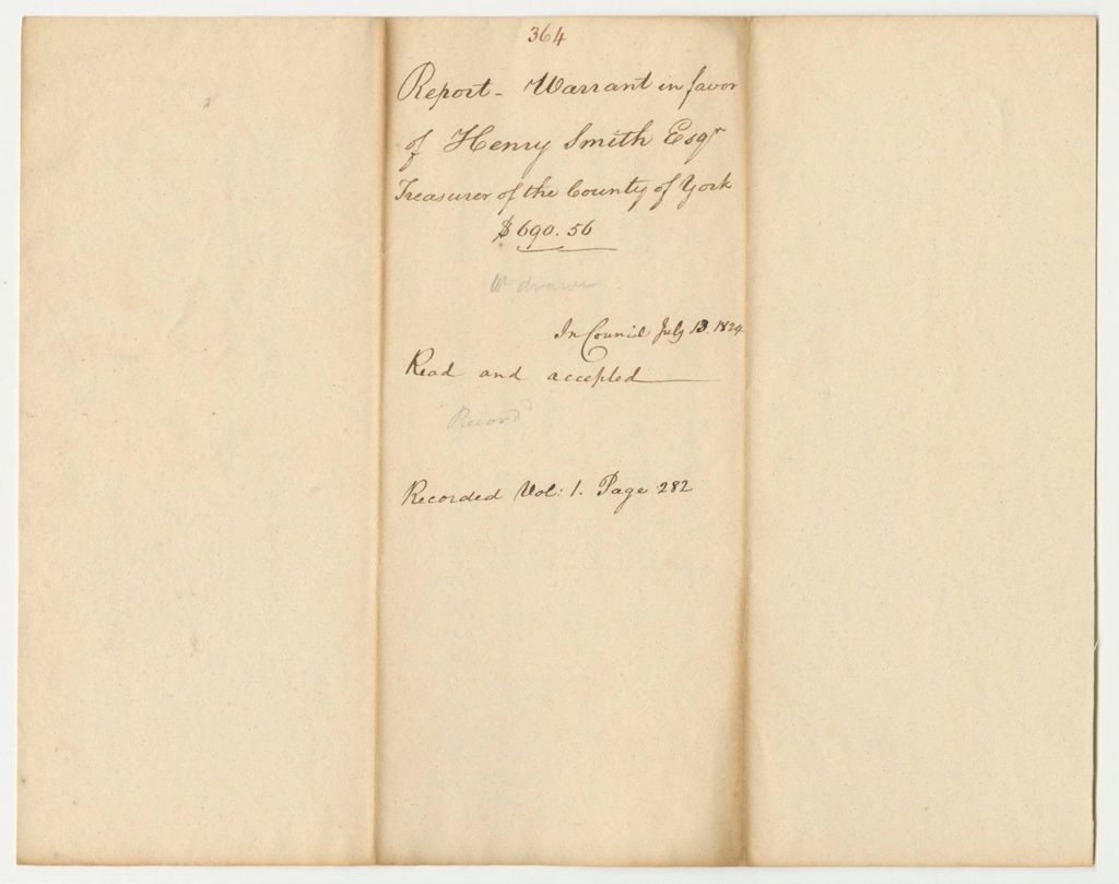 Miniature of Report 364: Warrant in Favor of Henry Smith, Esq., Treasurer of York County