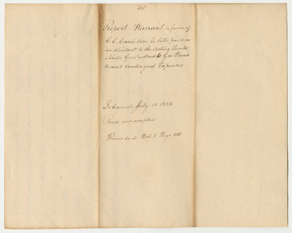 Miniature of Report 368: Warrant in Favor of C.C. Carleton for Bills Paid as an Assistant to the Acting Quartermaster General, and to Governor Parris to Meet Contingent Expenses
