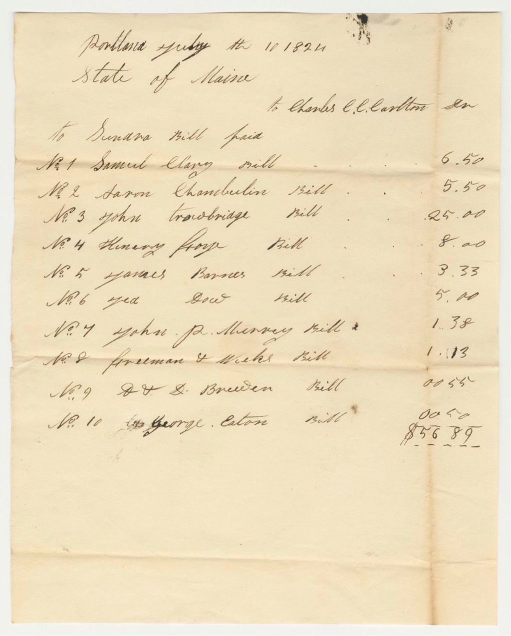 Miniature of Receipt for Charles C.C. Carleton