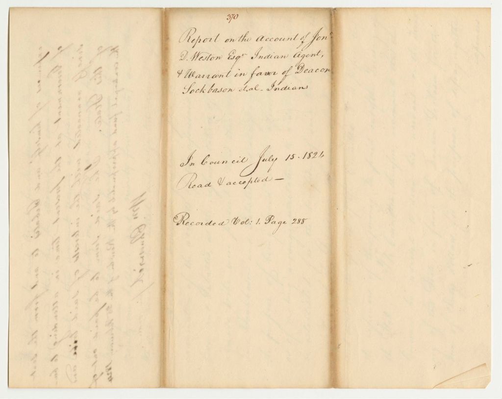 Miniature of Report 370: Report on the Account of Jonathan D. Weston, Esq., Indian Agent, and Warrant in Favor of Deacon Sockbasin