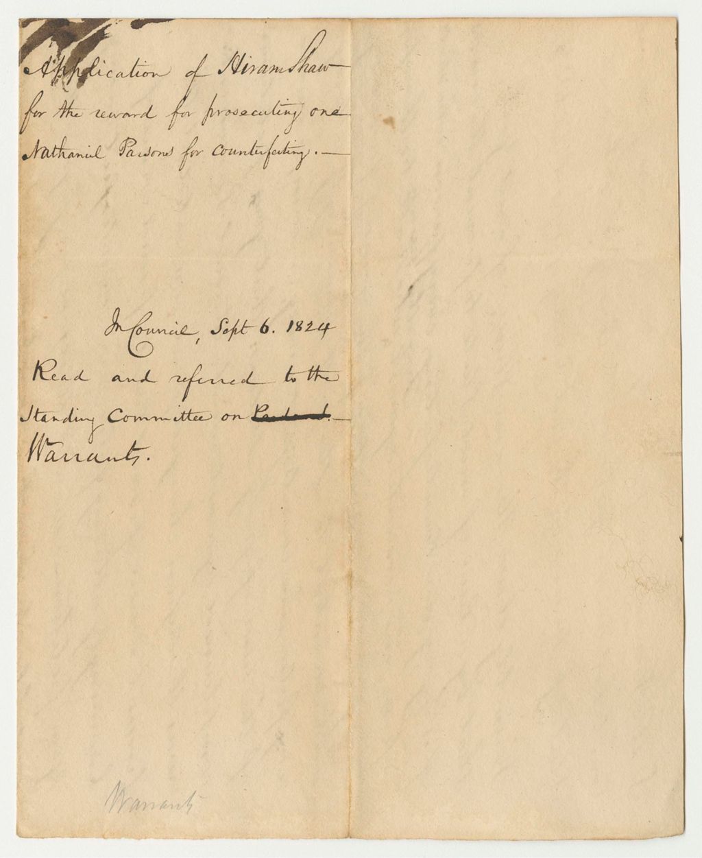 Miniature of Application of Hiram Shaw for the Reward for Prosecuting One Nathaniel Parsons for Counterfeiting