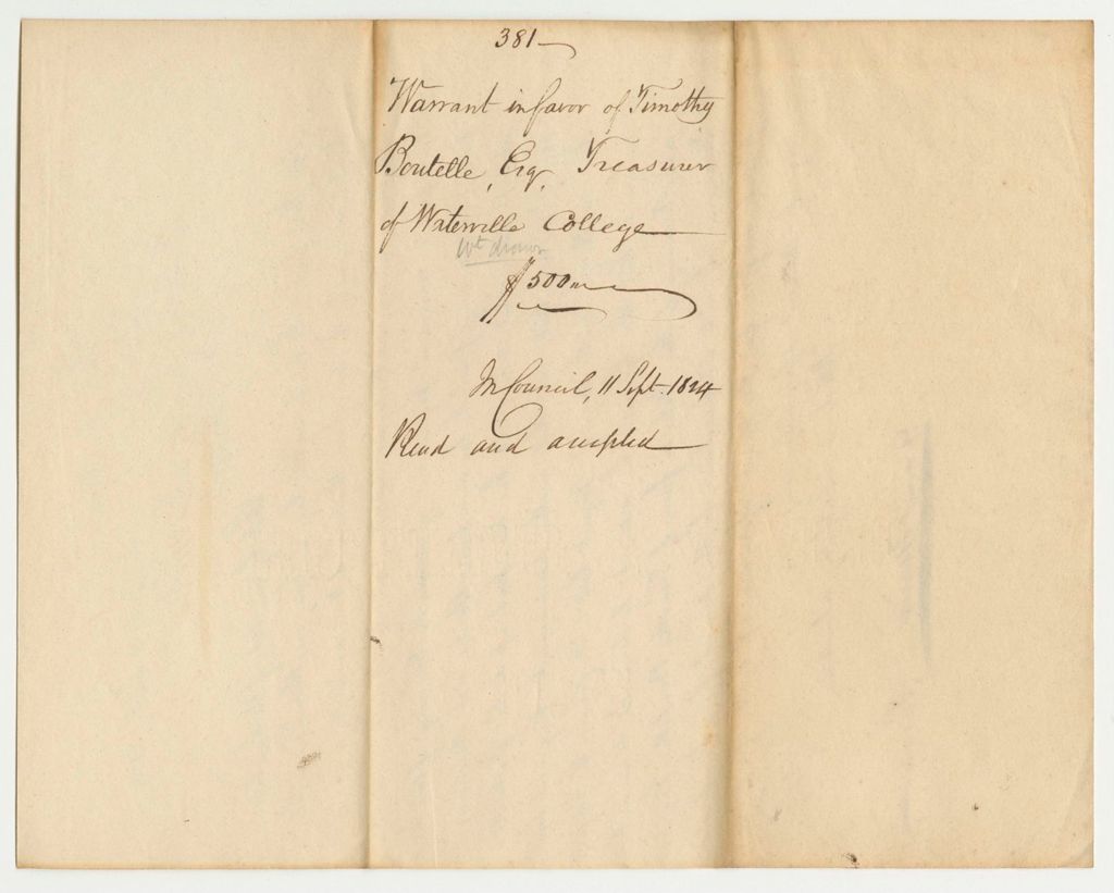Miniature of Report 381: Warrant in Favor of Timothy Boutelle, Esq., Treasurer of Waterville College