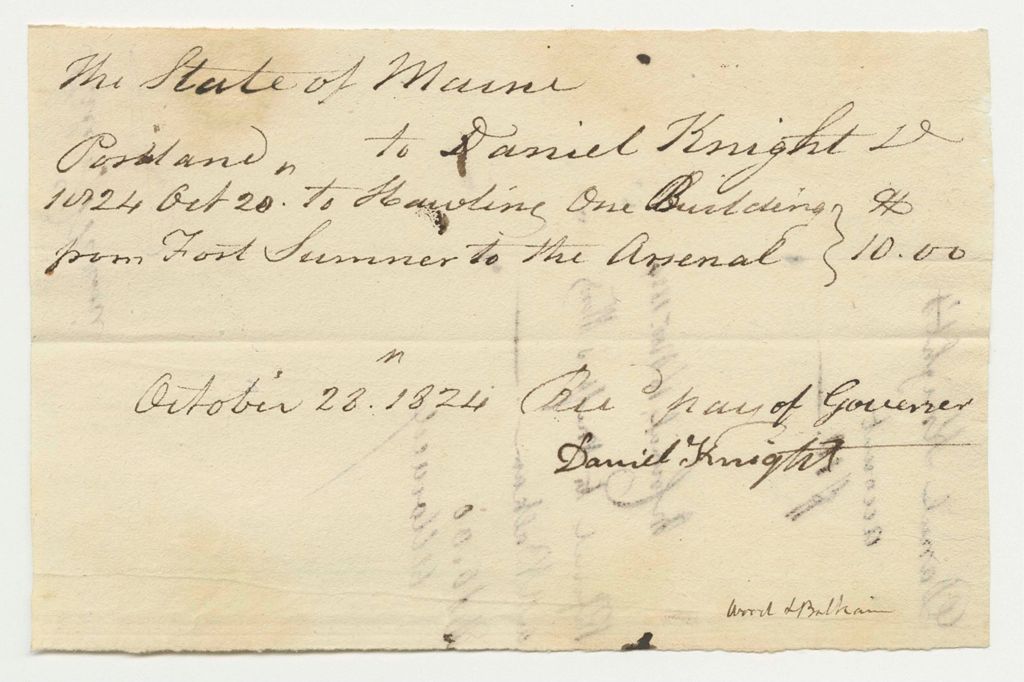 Miniature of Account of Daniel Knight for Removing a Building from Fort Sumner to the State Arsenal
