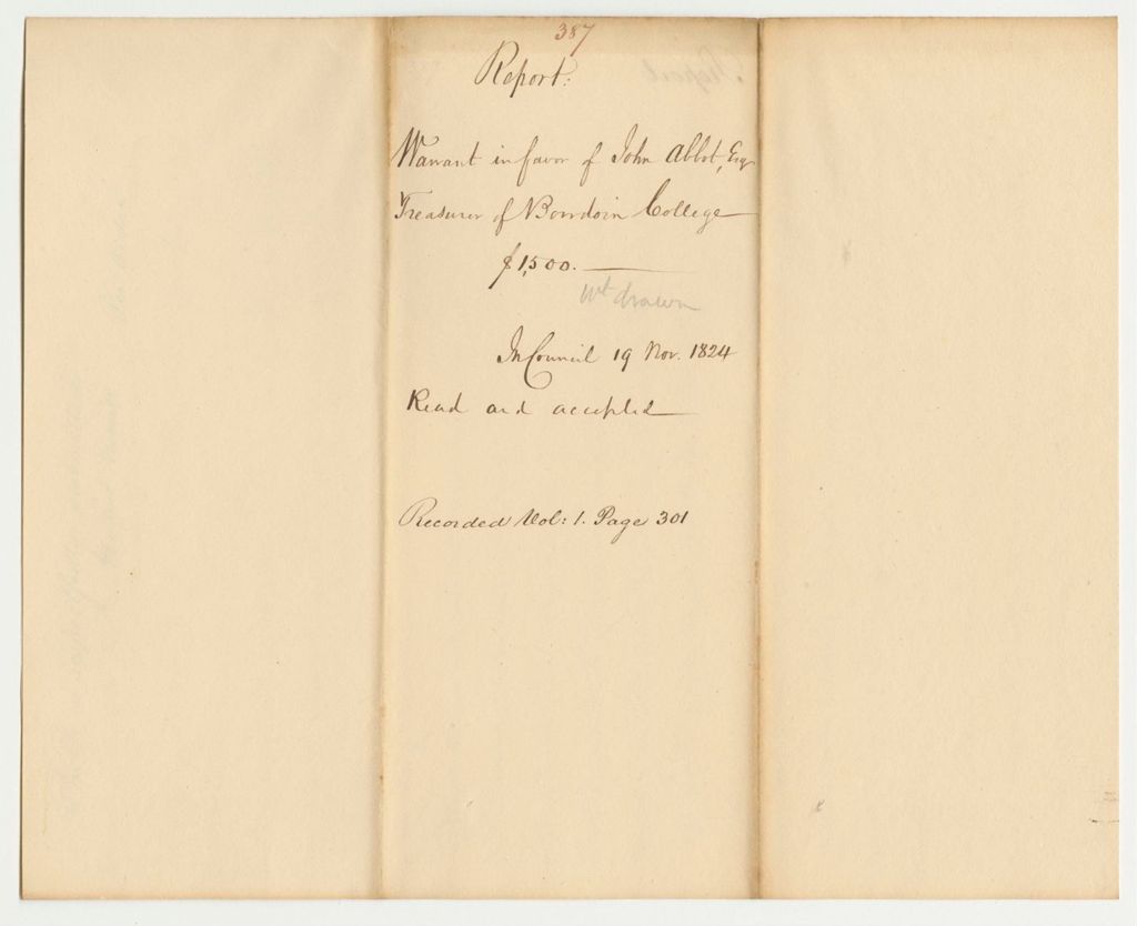 Miniature of Report 387: Warrant in Favor of John Abbot, Esq., Treasurer of Bowdoin College