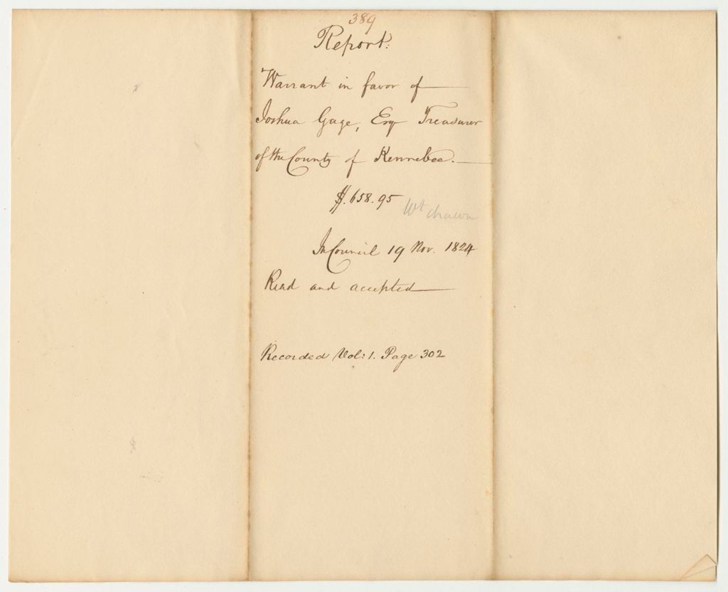 Miniature of Report 389: Warrant in Favor of Joshua Gage, Esq., Treasurer of Kennebec County