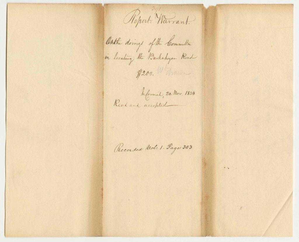 Miniature of Report 391: Warrant on the Doings of the Committee in Locating Baskahegan Road