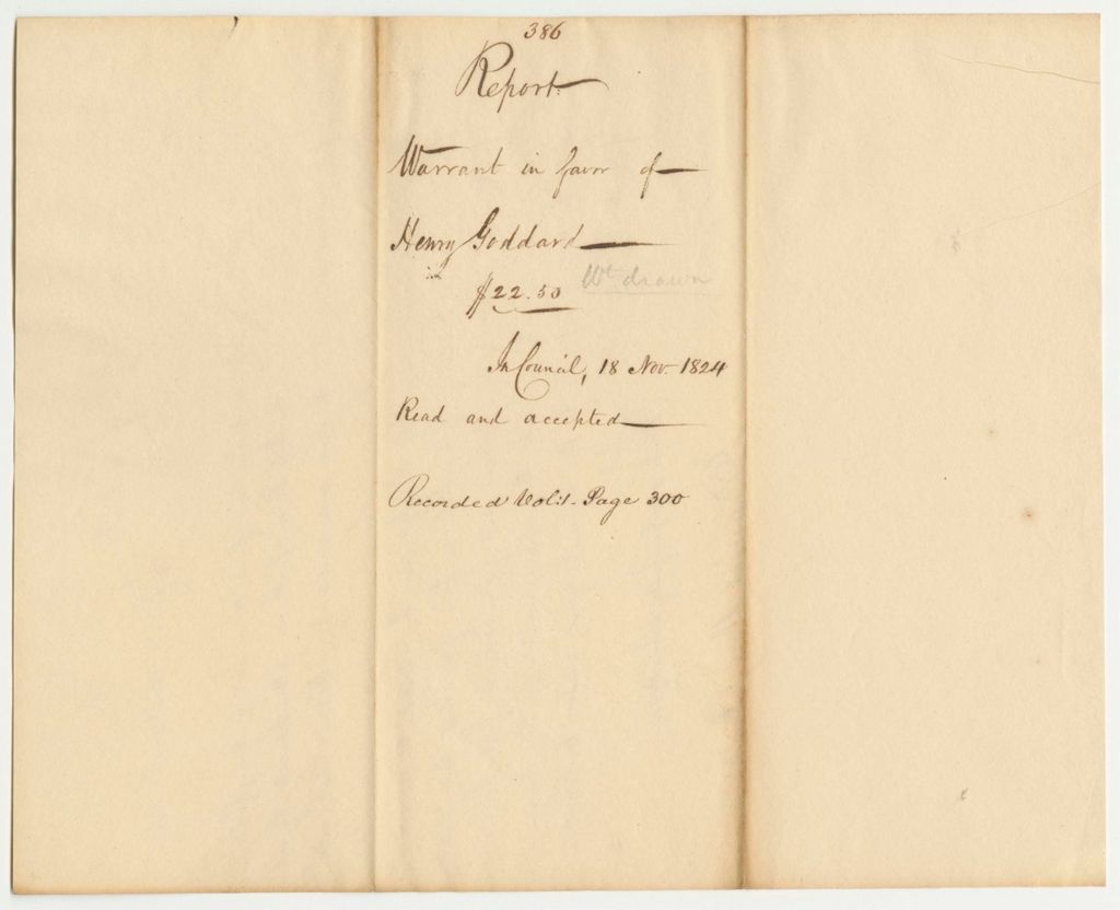 Miniature of Report 386: Warrant in Favor of Henry Goddard for Furnishing Bibles to the State Prison