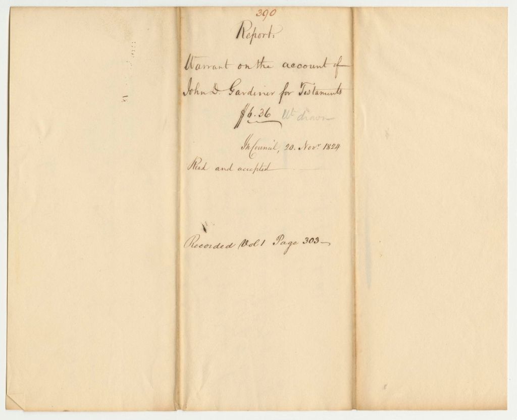 Miniature of Report 390: Warrant on the Account of John D. Gardiner for Testaments for Convicts at the State Prison