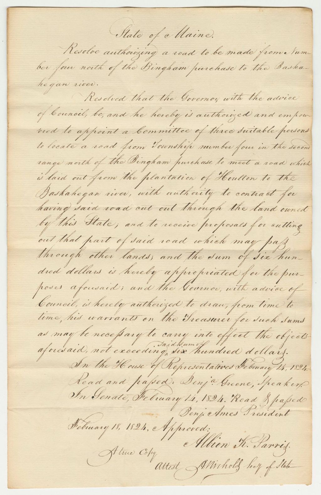Miniature of Warrants for Locating a Road to be Made from Number Four North of the Bingham Purchase to the Baskahegan River