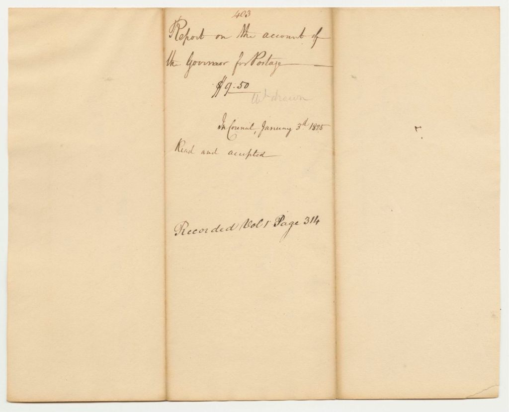 Miniature of Report 403: Report on the Account of the Governor for Postage