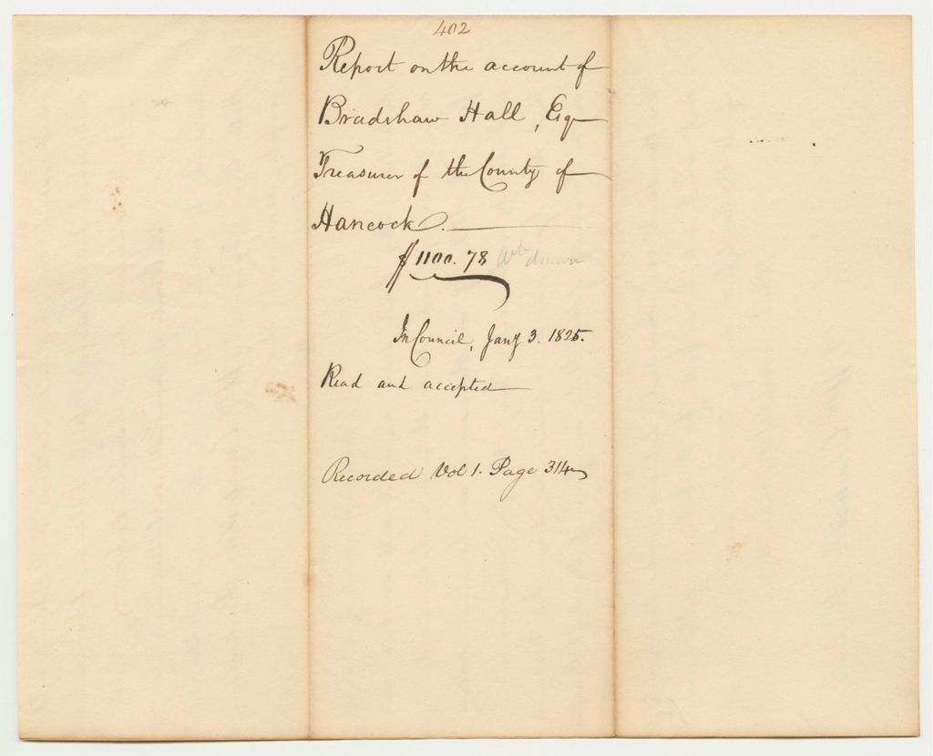 Miniature of Report 402: Report on the Account of Bradshaw Hall, Esq., Treasurer of Hancock County