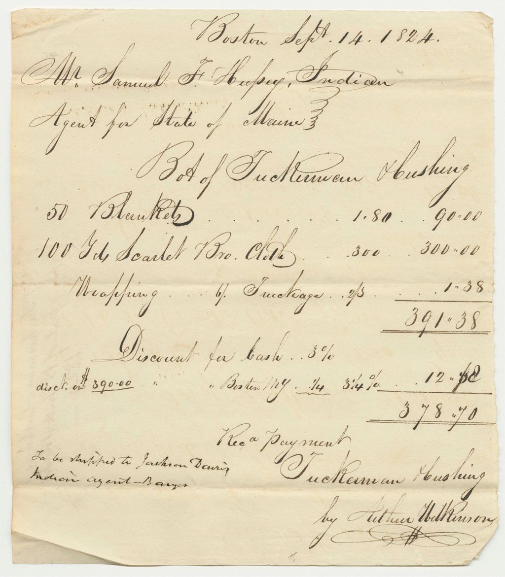 Miniature of Tuckerman & Cushings Bill for Blankets and Cloth