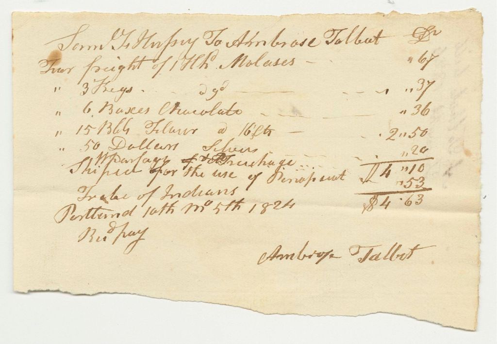 Miniature of Samuel Hussey Receipt for Freight from Ambrose Talbot