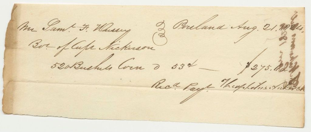 Miniature of Samuel Hussey Receipt for Corn from Capt. Vickinson