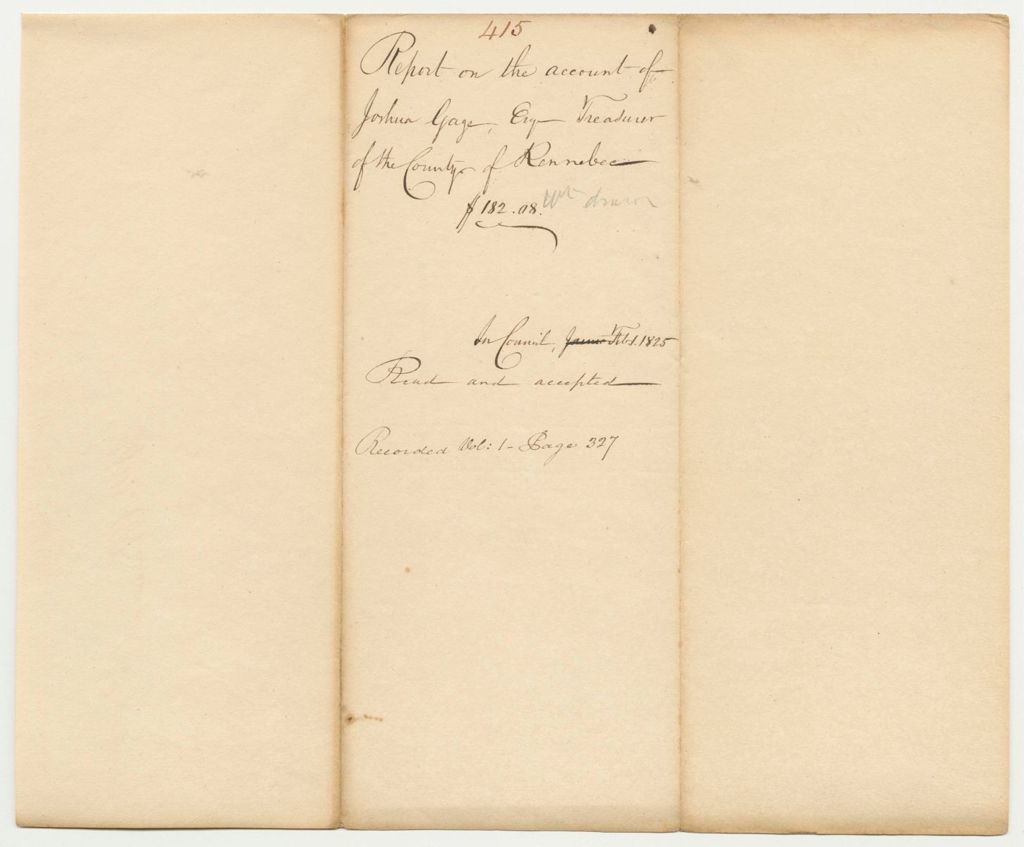 Miniature of Report 415: Report on the Account of Joshua Gage, Esq., Treasurer of Kennebec County