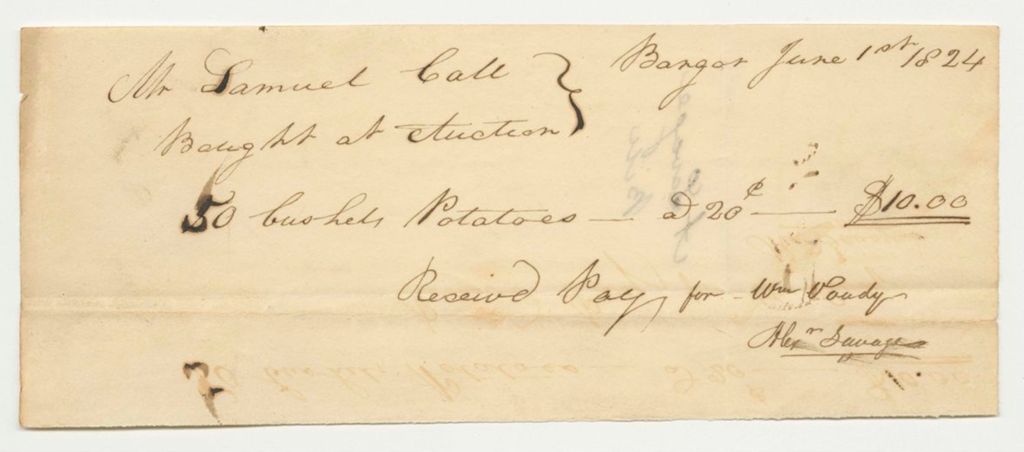 Miniature of Receipt for Samuel Call for Potatoes from Abraham Savage