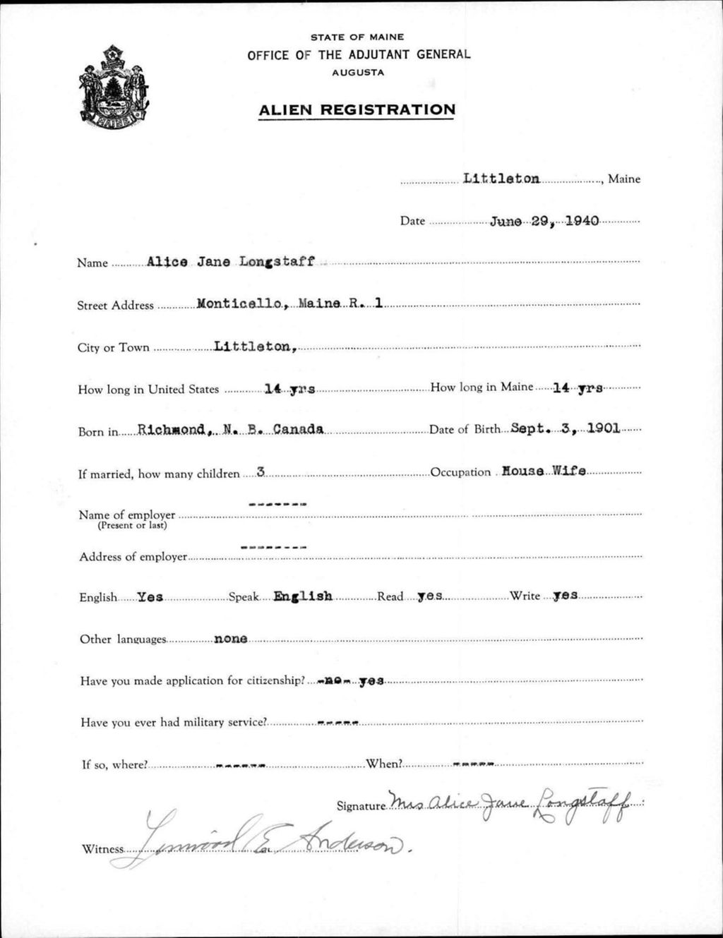 Miniature of Alien Registration- Longstaff, Alice J. (Limestone, Aroostook County)