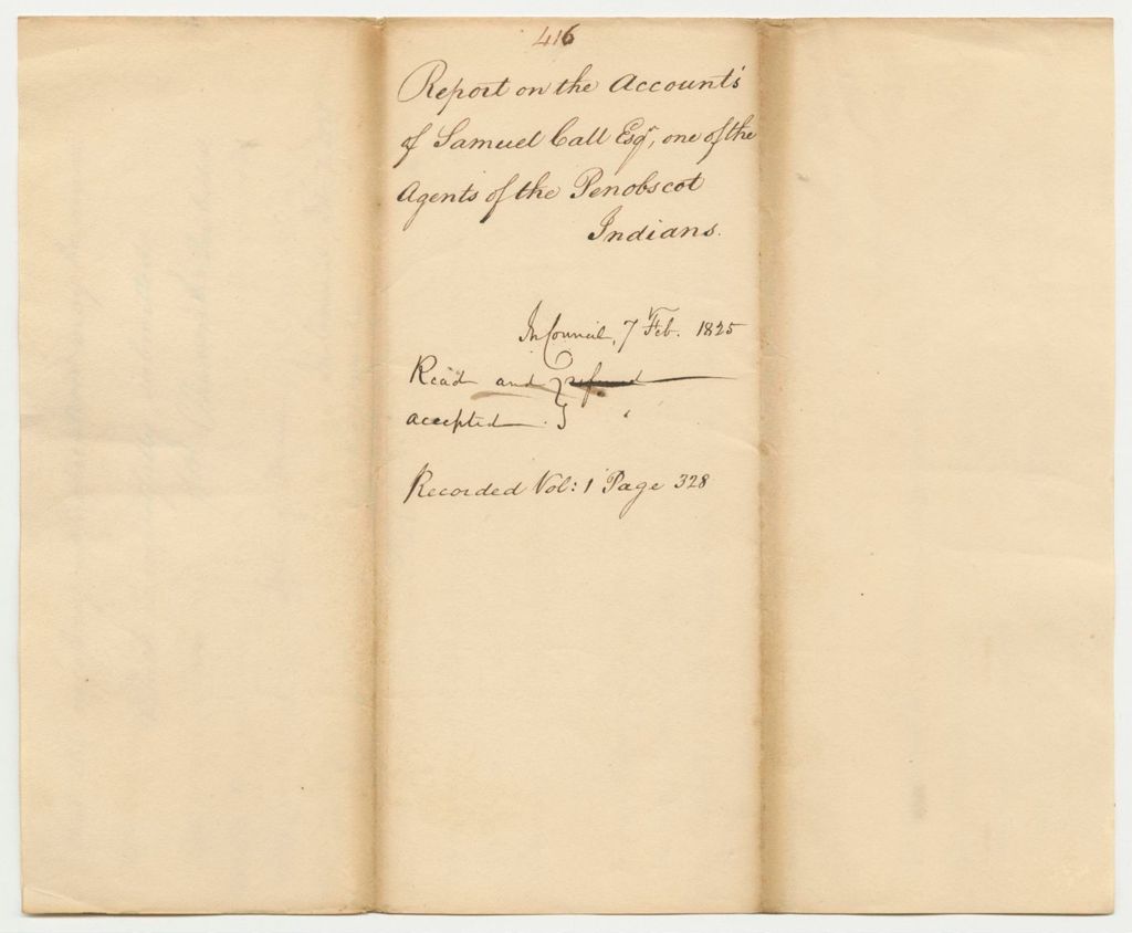 Miniature of Report 416: Report on the Accounts of Samuel Call, Esq., One of the Agents of the Penobscot Indians