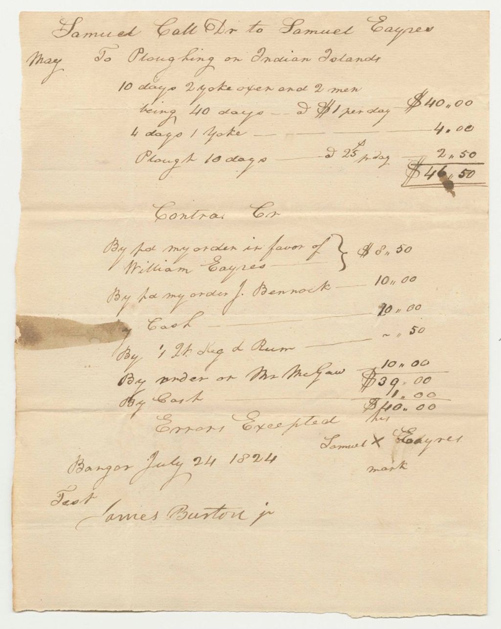 Miniature of Samuel Call Bill for Ploughing from Samuel Eaynes