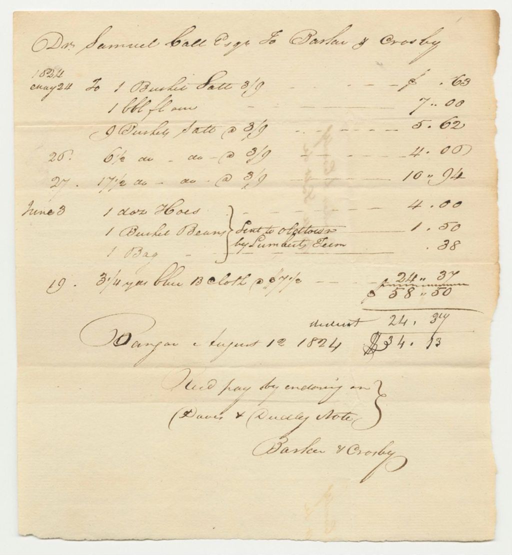 Miniature of Samuel Call Bill for Salt from Barker & Crosby