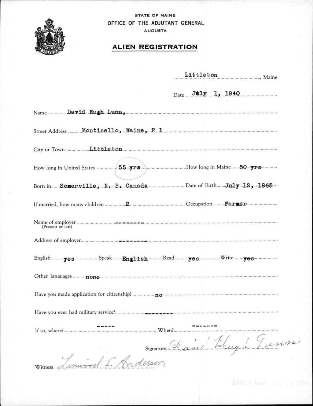 Miniature of Alien Registration- Lunn, David H. (Limestone, Aroostook County)