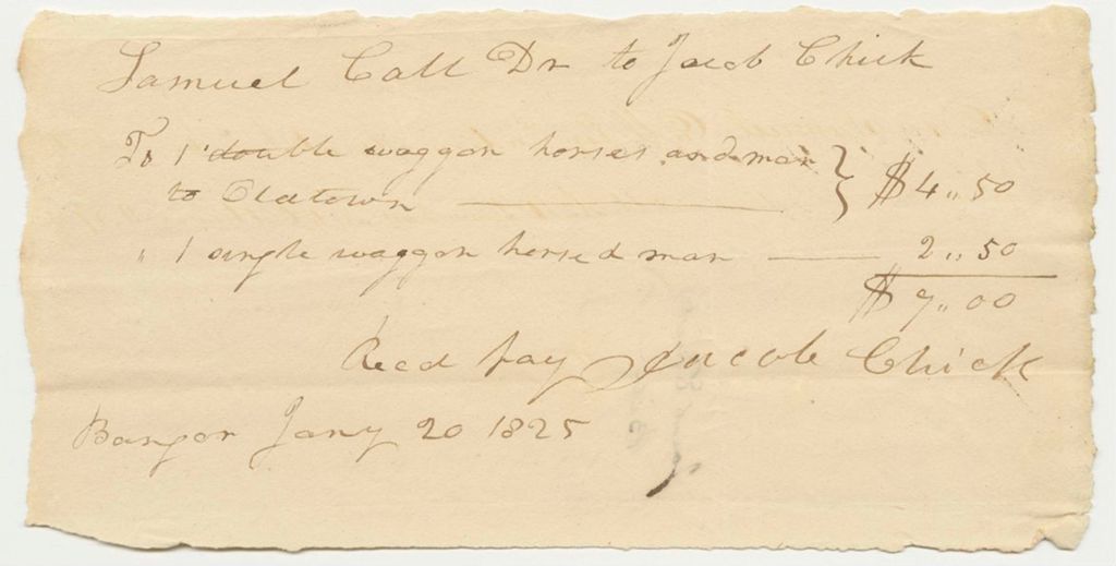 Miniature of Samuel Call Bill for Wagons from Jacob Chick