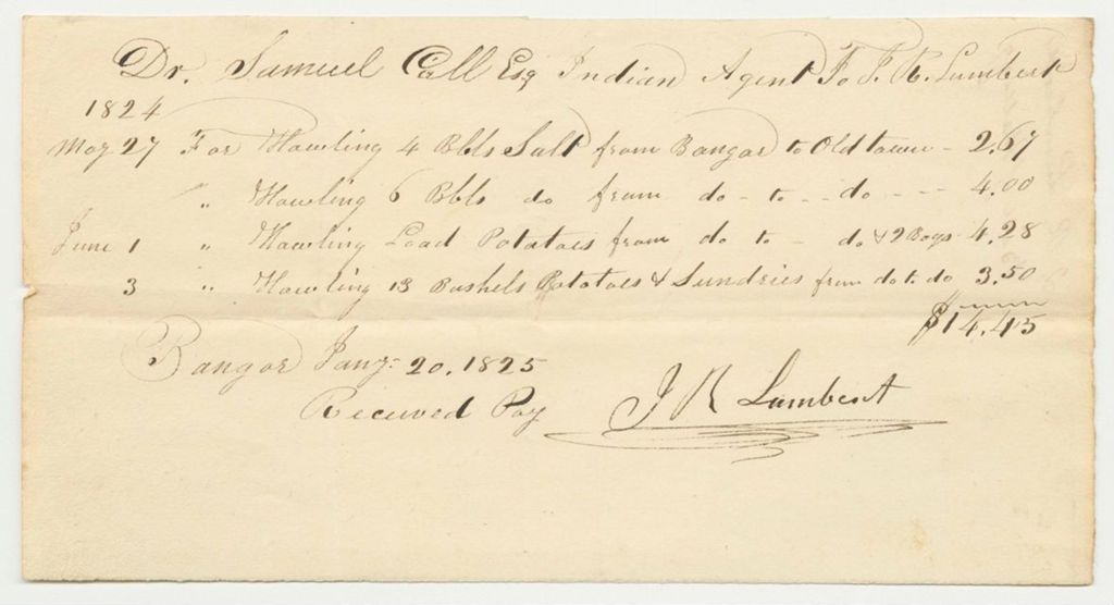Miniature of Samuel Call Bill for Hawling Food from J.R. Lumbert