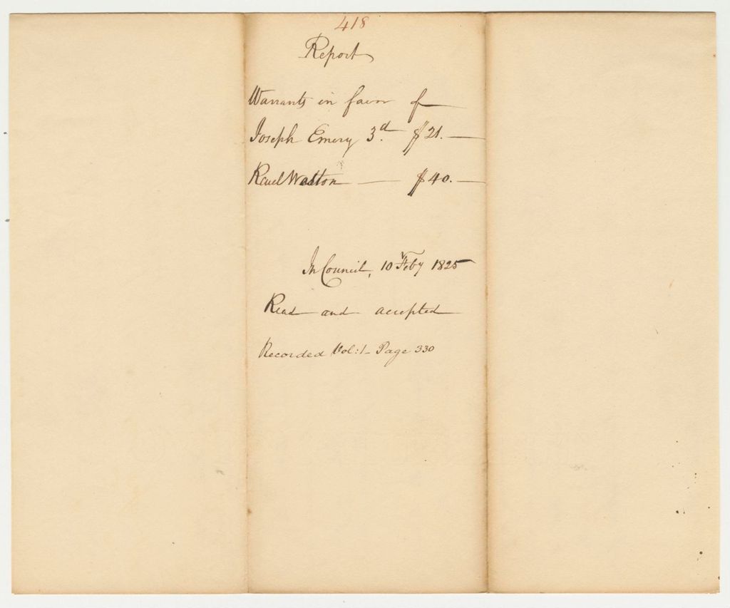 Miniature of Report 418: Warrants in Favor of Joesph Emery the 3rd and Reuel Weston
