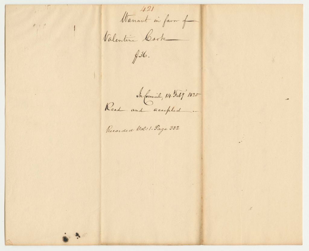 Miniature of Report 421: Warrant in Favor of Valentine Cook for a Pension